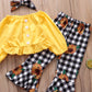 Commerce extérieur Vêtements pour enfants en gros Automne Nouveau style Chemisier jaune à manches longues Pantalon à carreaux Tournesol Fille Costume Ensemble 3 pièces