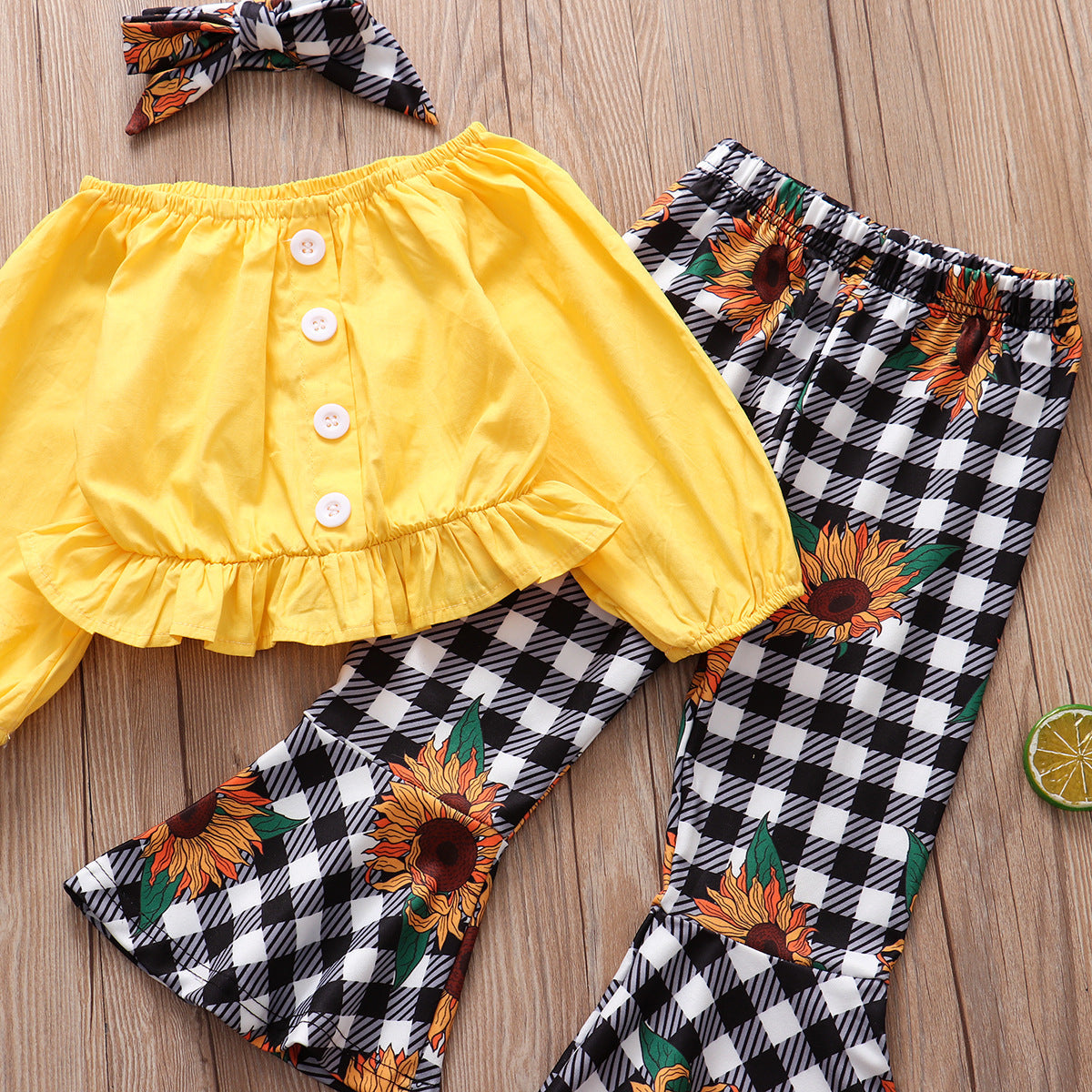 Commerce extérieur Vêtements pour enfants en gros Automne Nouveau style Chemisier jaune à manches longues Pantalon à carreaux Tournesol Fille Costume Ensemble 3 pièces
