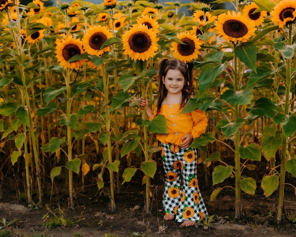 Commerce extérieur Vêtements pour enfants en gros Automne Nouveau style Chemisier jaune à manches longues Pantalon à carreaux Tournesol Fille Costume Ensemble 3 pièces