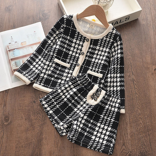 Spring and Autumn Korean Girls Plaid Suit Pants Little Girl Net Red Ocean Long Sleeve Top Shorts Two-piece Set