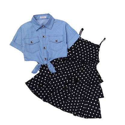 New style Sort-Sleeved Denim Jacket Western Style Polka Dot Suspender Skirt
