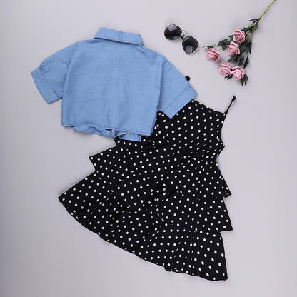 New style Sort-Sleeved Denim Jacket Western Style Polka Dot Suspender Skirt