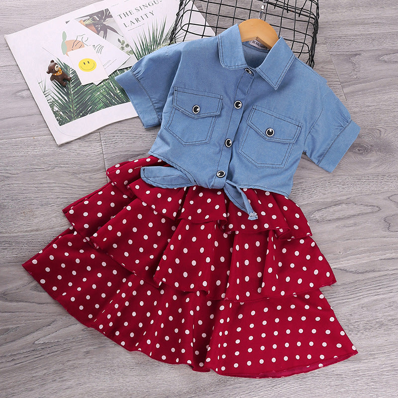 New style Sort-Sleeved Denim Jacket Western Style Polka Dot Suspender Skirt
