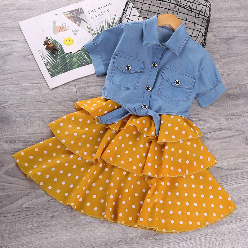New style Sort-Sleeved Denim Jacket Western Style Polka Dot Suspender Skirt