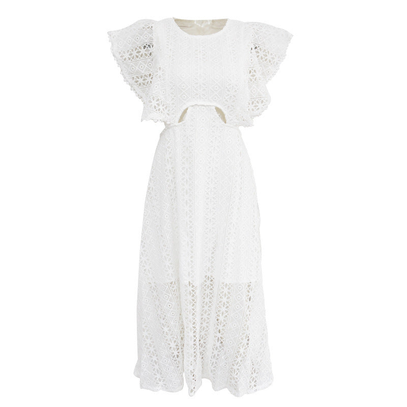 Robe mi-longue à col rond et manches courtes, nouvelle mode printemps, coutures en dentelle, taille fine