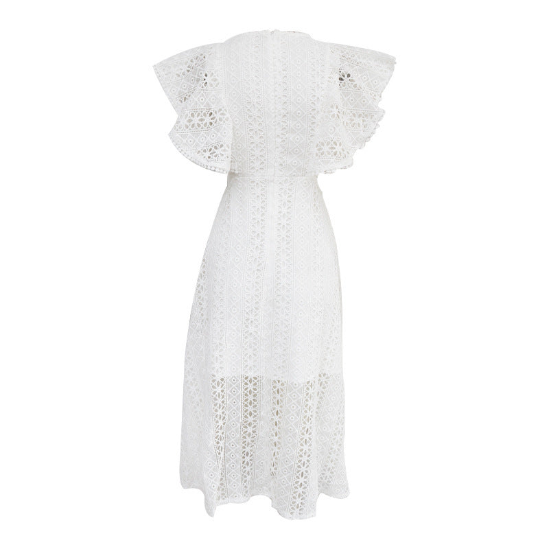 Spring New Fashion Round Neck Short-Sleeved Lace Stitching Waist Slim Mid-Length Dress