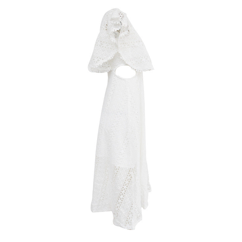 Robe mi-longue à col rond et manches courtes, nouvelle mode printemps, coutures en dentelle, taille fine