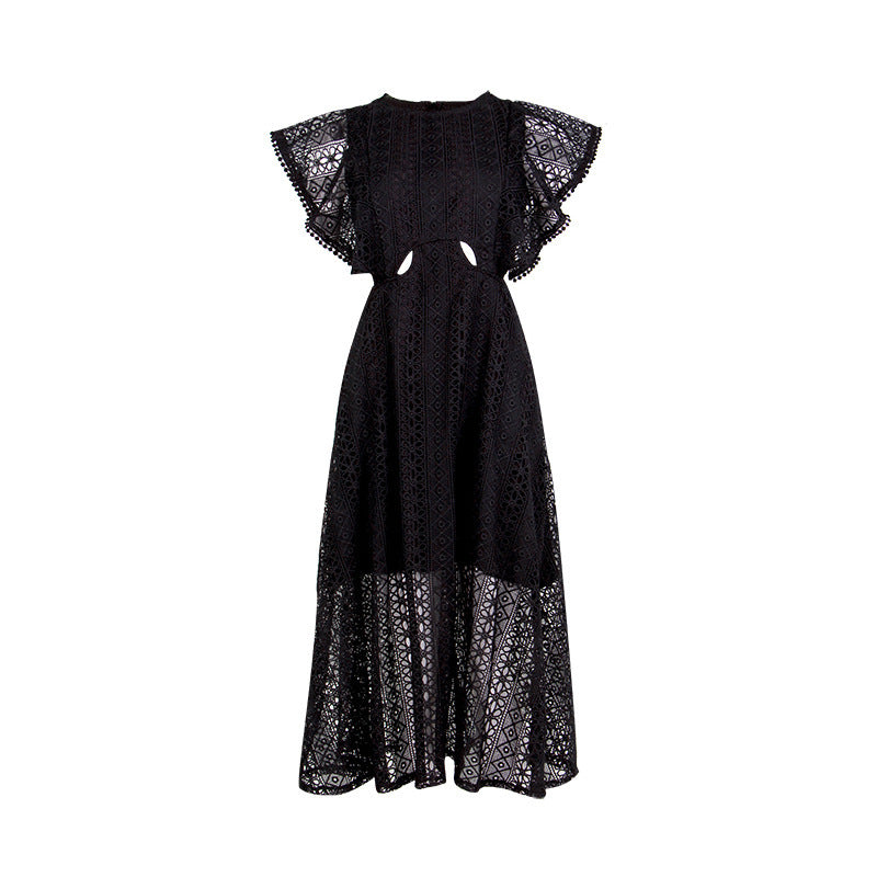 Robe mi-longue à col rond et manches courtes, nouvelle mode printemps, coutures en dentelle, taille fine