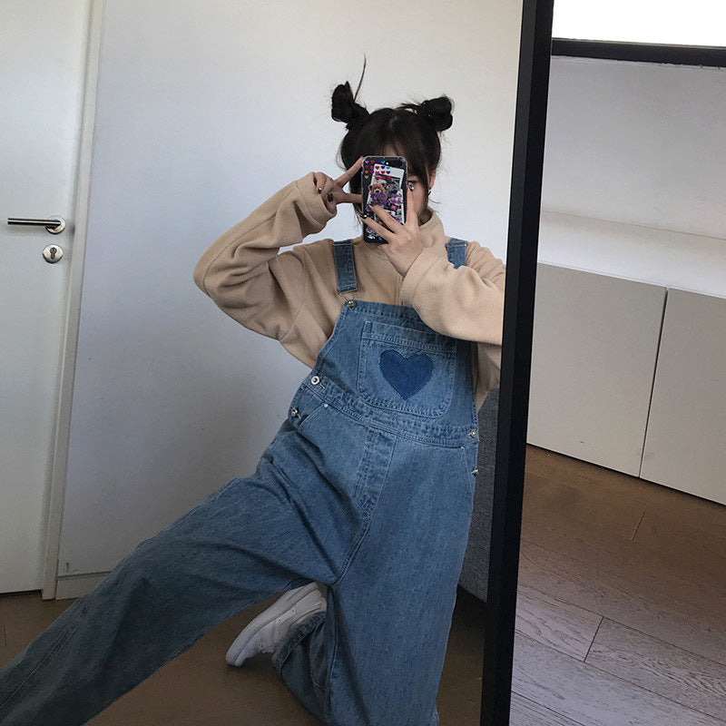 Salopette en jean Love pour femme, pantalon droit ample à bretelles, pantalon rouge sauvage à jambes larges, pantalon long, automne et hiver