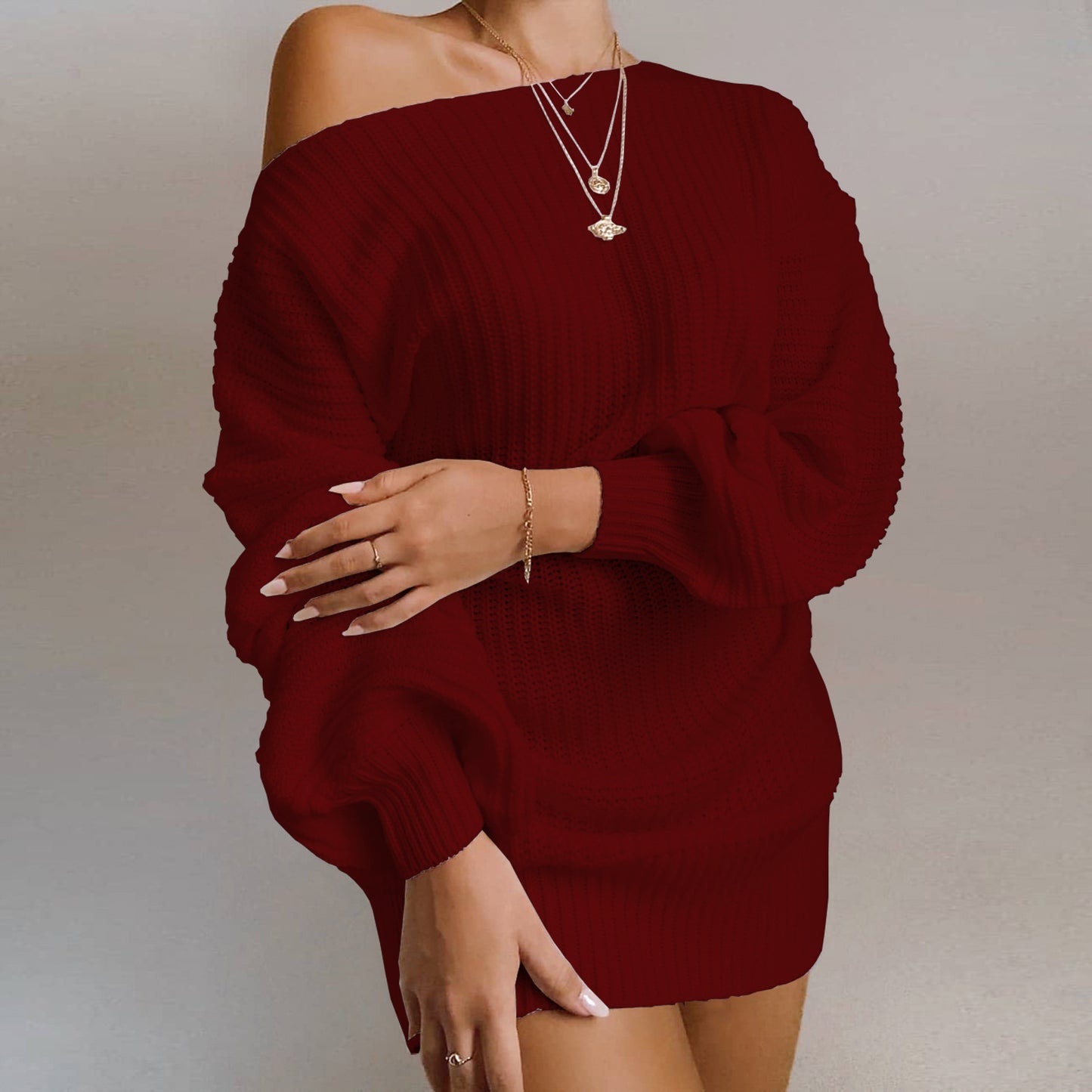 Robe pull tricotée OrangeA pour femme, épaules dénudées, ample, manches longues, couleur unie, élégante, style streetwear, collection automne-hiver
