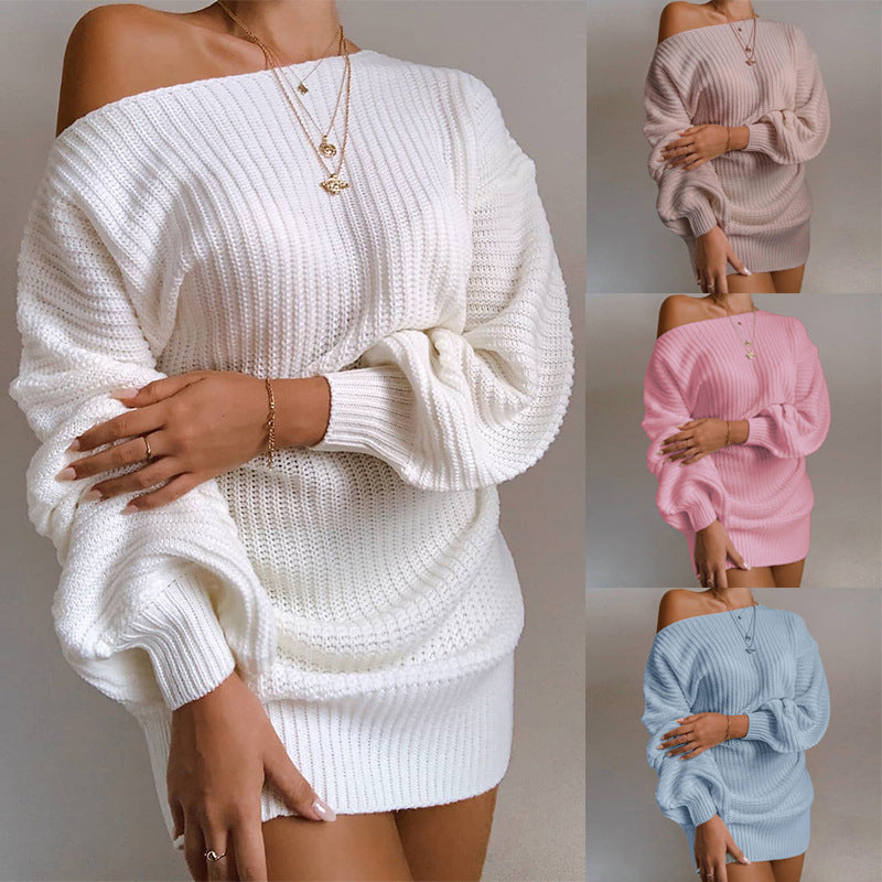 Robe pull tricotée OrangeA pour femme, épaules dénudées, ample, manches longues, couleur unie, élégante, style streetwear, collection automne-hiver