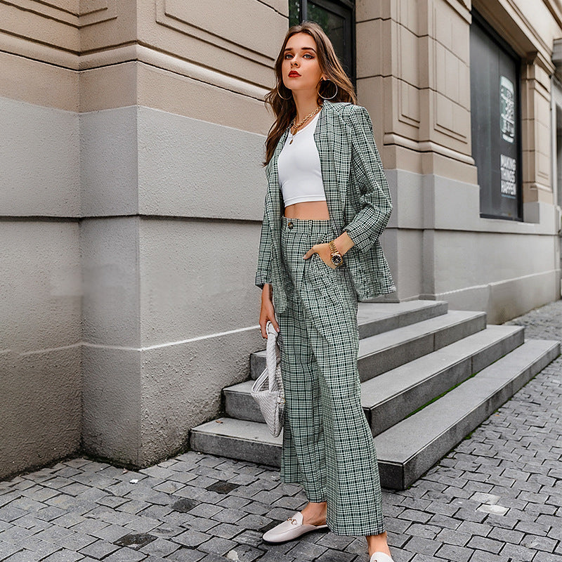 Autumn And Winter Fashion Women'S Casual Commuter Plaid Elegant Temperament Professional Style Street Two-Piece Suit Green