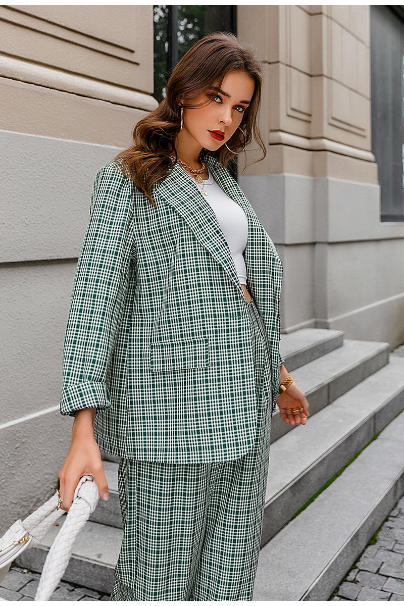 Autumn And Winter Fashion Women'S Casual Commuter Plaid Elegant Temperament Professional Style Street Two-Piece Suit Green