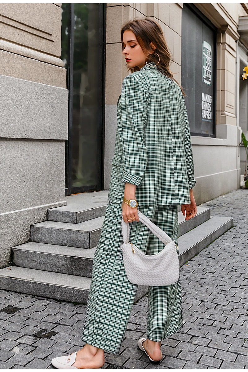 Autumn And Winter Fashion Women'S Casual Commuter Plaid Elegant Temperament Professional Style Street Two-Piece Suit Green