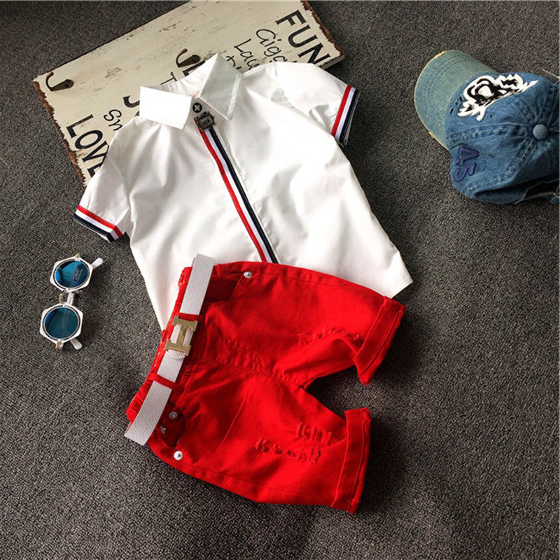 Children'S Cotton Shirt Ripped Shorts Suit