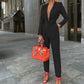Women's Fashion Solid Color Tie Deep V Jumpsuit