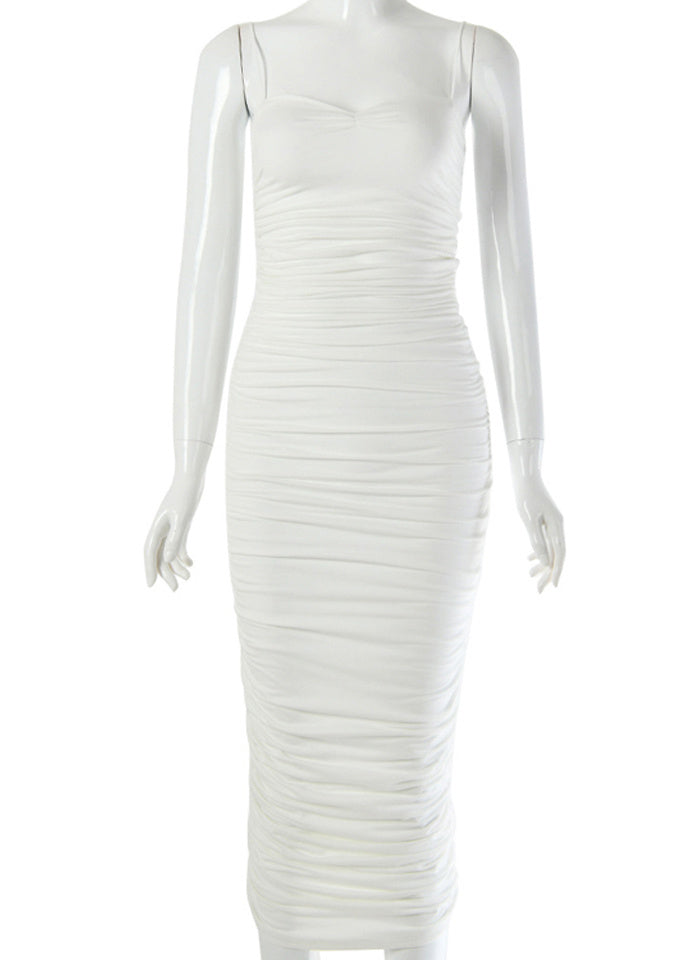 JillPeri Robe mi-longue sexy sans manches à col bas, froncée et extensible, tenue de tous les jours, style Kardashian, moulante, soirée, club, longue