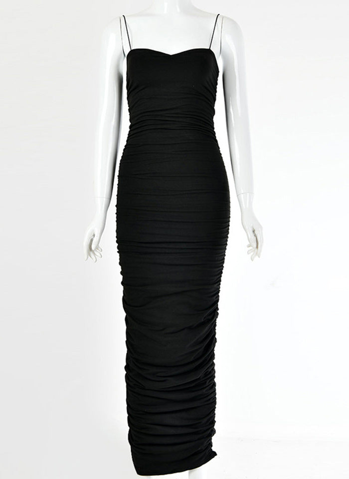 JillPeri Robe mi-longue sexy sans manches à col bas, froncée et extensible, tenue de tous les jours, style Kardashian, moulante, soirée, club, longue