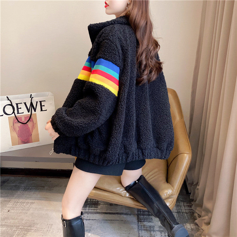 Loose Short Plush Fleece Coat Rainbow Lamb Wool Coat