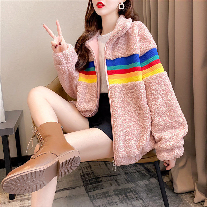 Loose Short Plush Fleece Coat Rainbow Lamb Wool Coat
