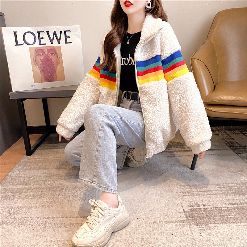 Loose Short Plush Fleece Coat Rainbow Lamb Wool Coat
