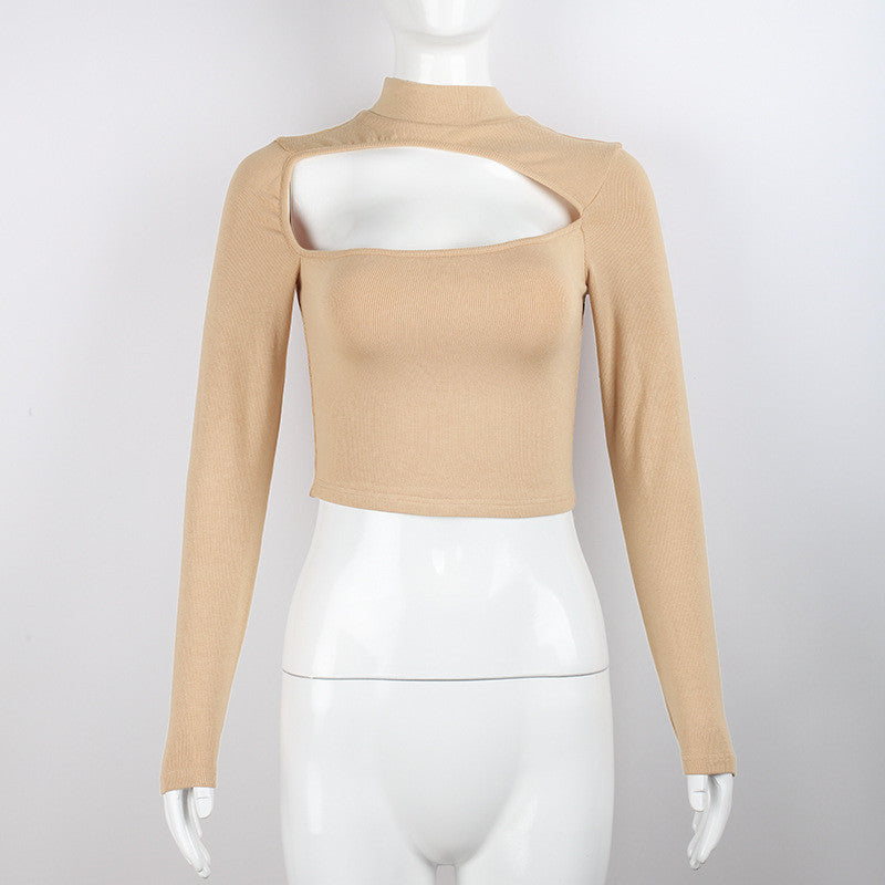 Women's Navel High Collar Solid Color Hollow Bottoming Long Sleeves