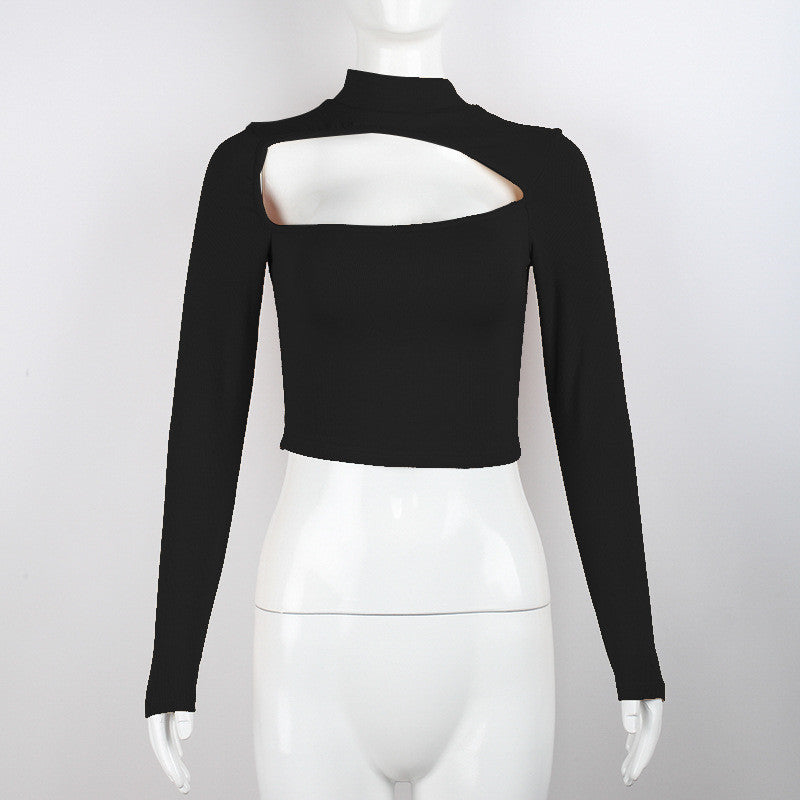 Women's Navel High Collar Solid Color Hollow Bottoming Long Sleeves
