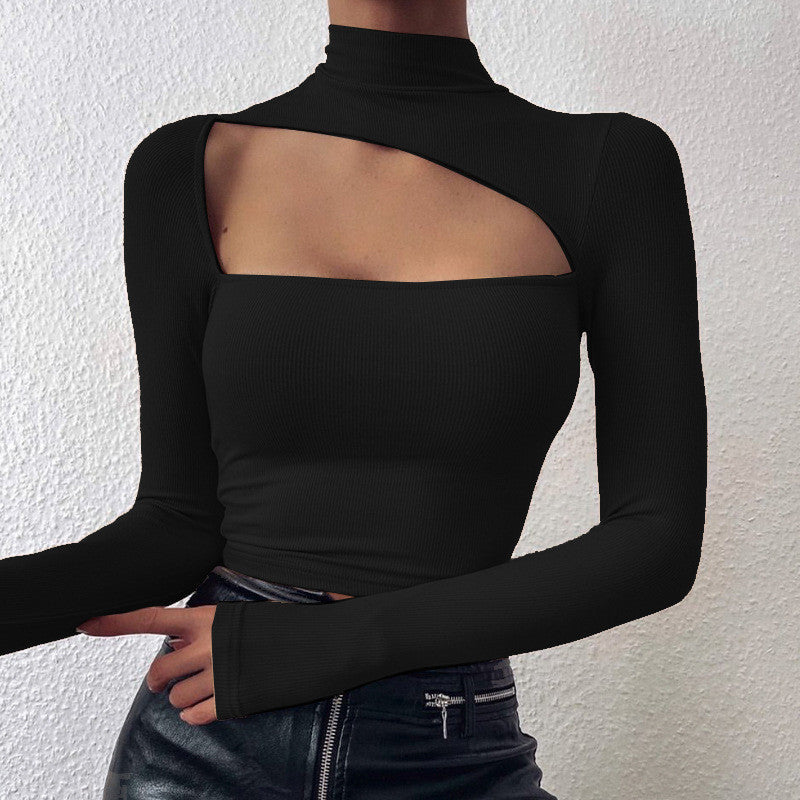 Women's Navel High Collar Solid Color Hollow Bottoming Long Sleeves