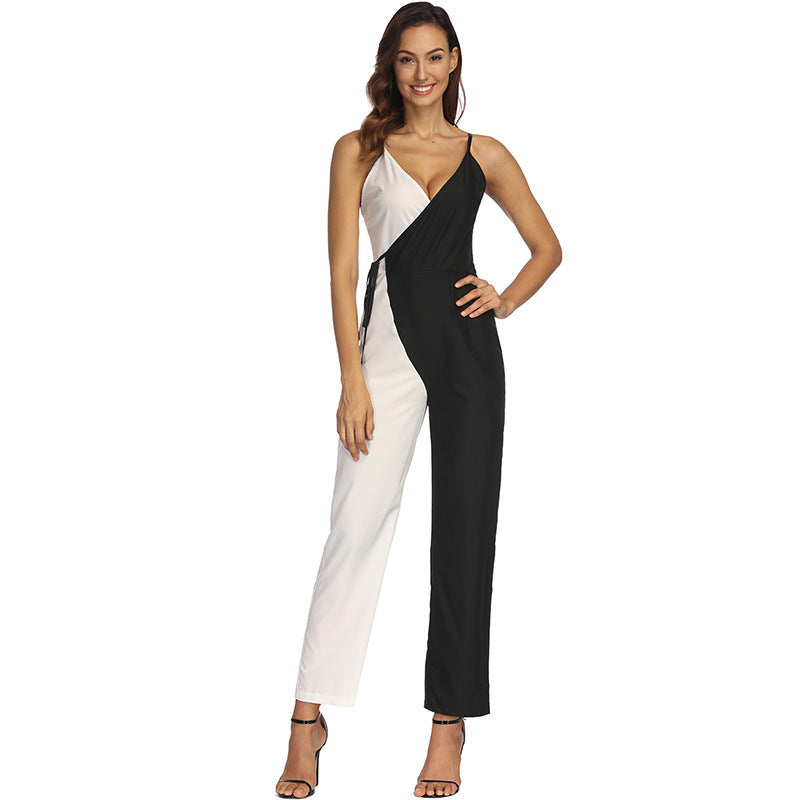Women's Black And White Color Matching European And American Sling Jumpsuit Trousers