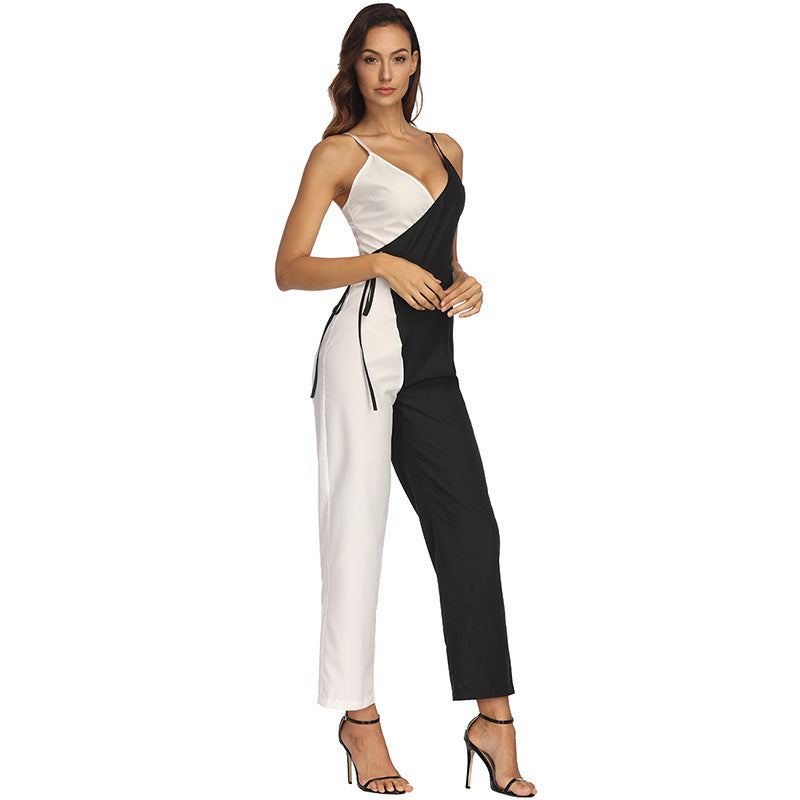 Women's Black And White Color Matching European And American Sling Jumpsuit Trousers