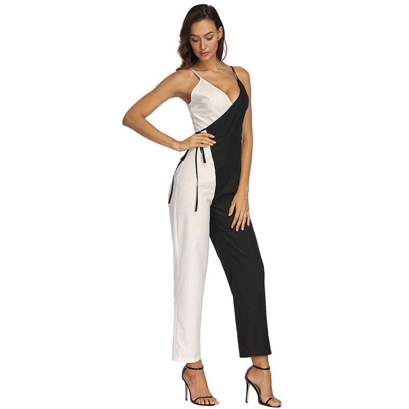 Combinaison pantalon sexy à bretelles pour femme, couleur noire et blanche, style européen et américain
