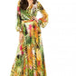 Summer Amazon New Lantern Sleeve V-neck Green Leaf Print Sk