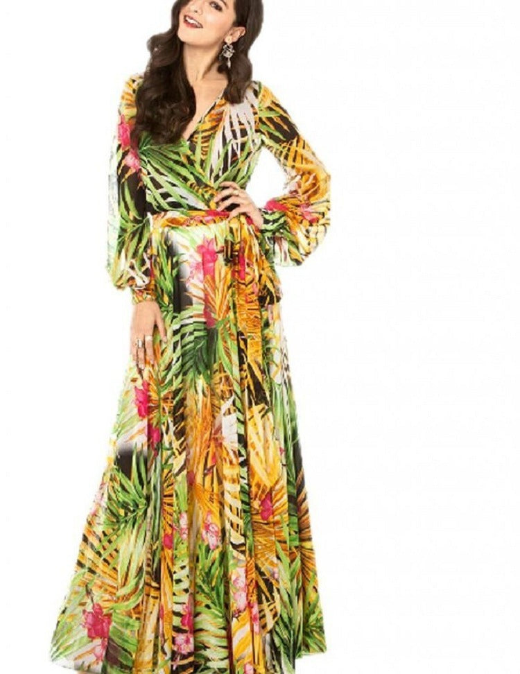 Summer Amazon New Lantern Sleeve V-neck Green Leaf Print Sk