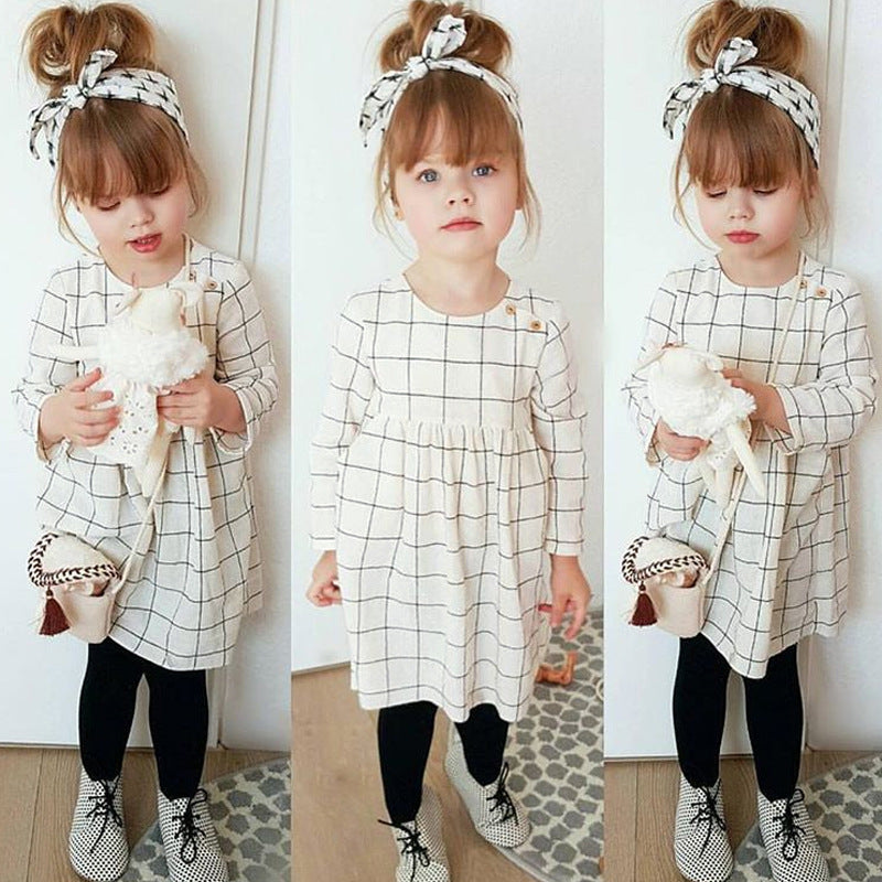 Ensemble deux pièces pour fille avec robe à carreaux à manches longues et bandeau