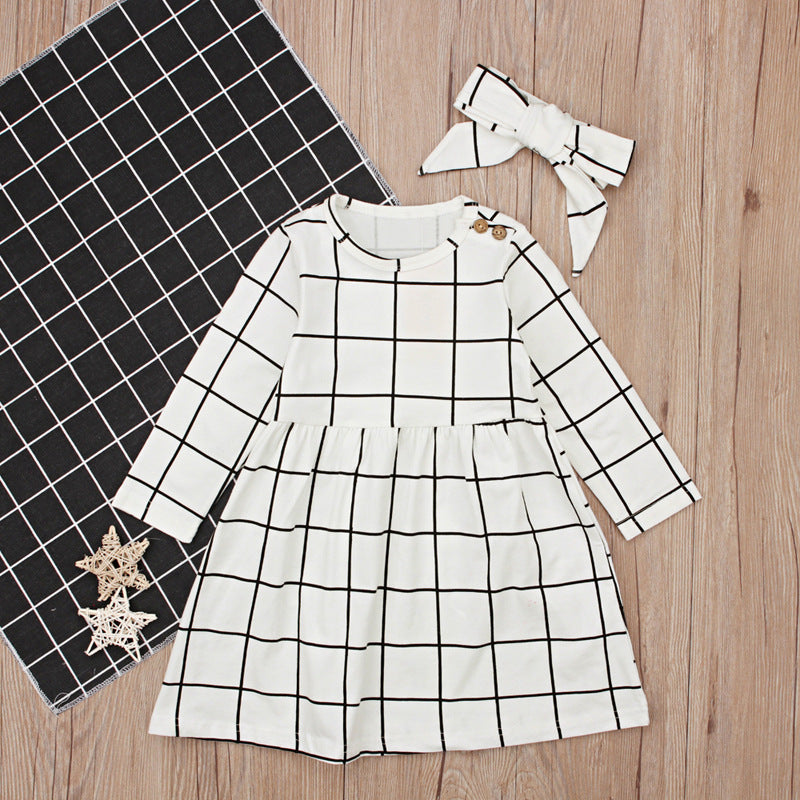 Girls Long Sleeve Plaid Dress   Headband Two-piece Skirt Kid Set