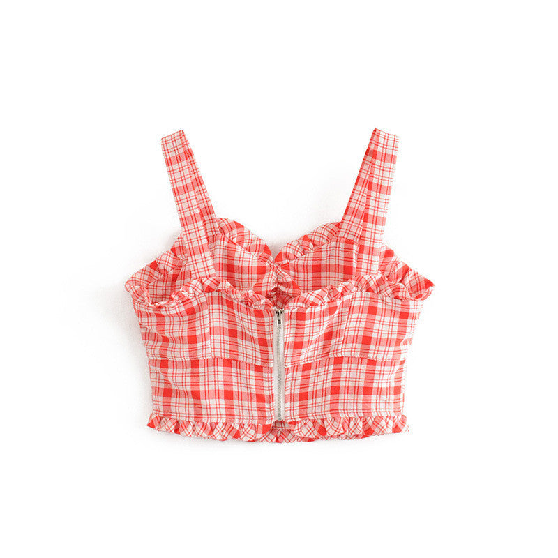 Retro Checkered Wood Ear Cutout Camisole