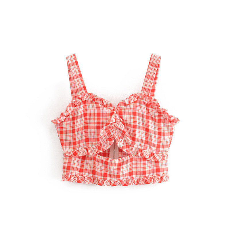 Retro Checkered Wood Ear Cutout Camisole