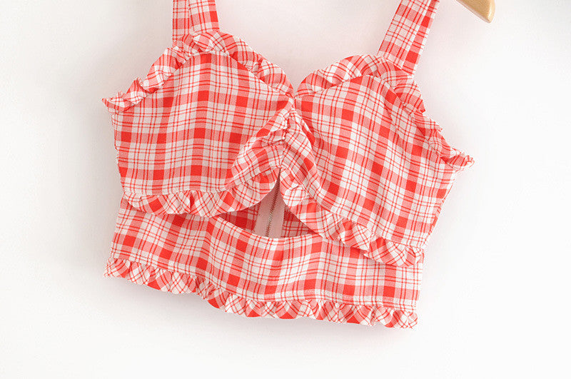 Retro Checkered Wood Ear Cutout Camisole
