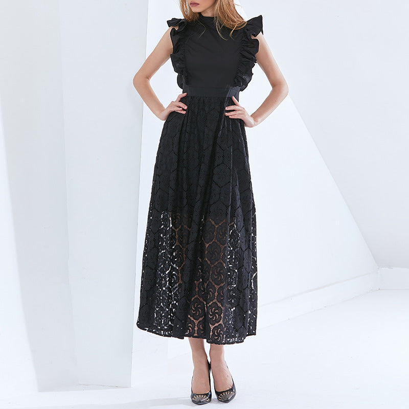 Lace Perspective High Waist Slim Sleeveless Long Dress