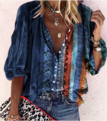Printed Long Sleeve V-neck Button Ladies Blouse Women