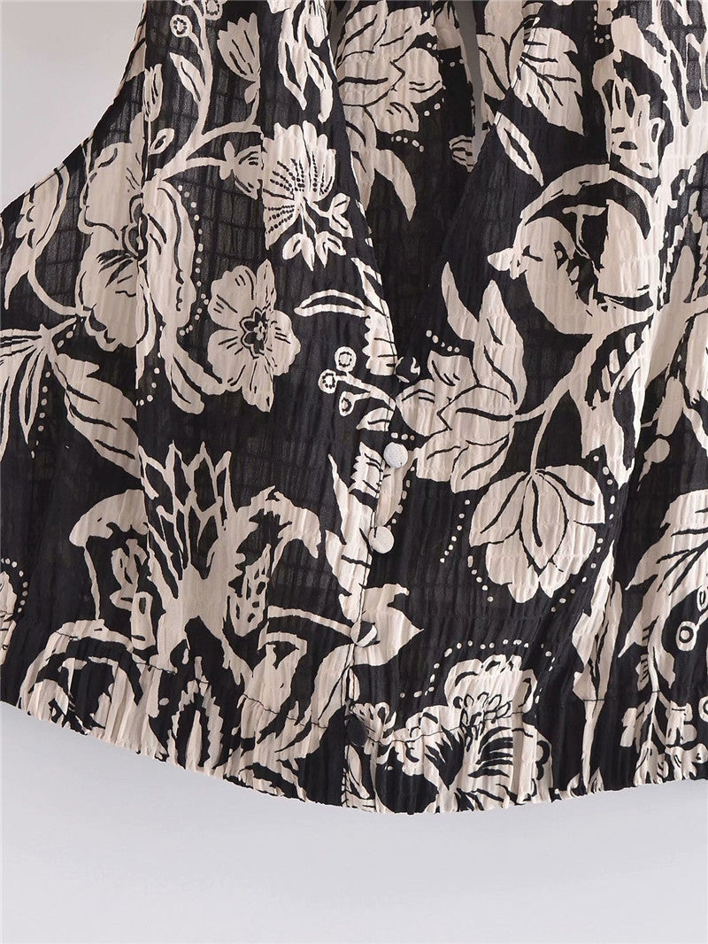 European And American Retro Style V-neck Print Cropped Top With Knot On The Back