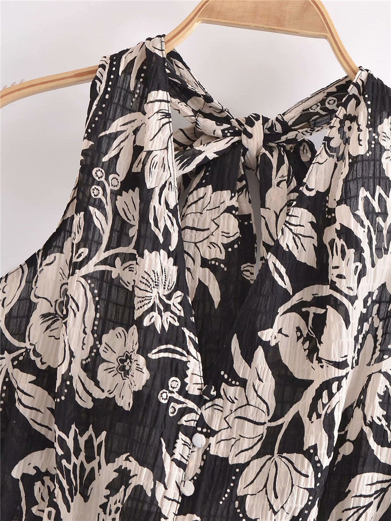 European And American Retro Style V-neck Print Cropped Top With Knot On The Back