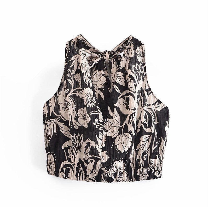 European And American Retro Style V-neck Print Cropped Top With Knot On The Back