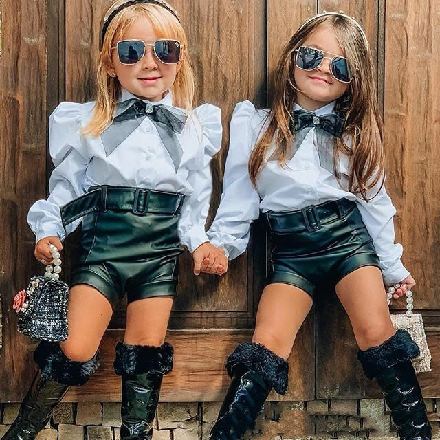 Children's Fall New Fashion Puff Sleeve White Shirt and Leather Pants Free Bow And Belt