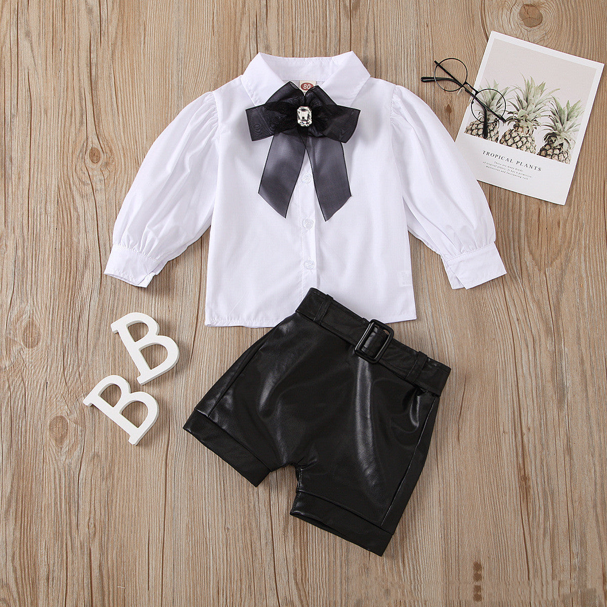 Children's Fall New Fashion Puff Sleeve White Shirt and Leather Pants Free Bow And Belt
