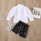 Children's Fall New Fashion Puff Sleeve White Shirt and Leather Pants Free Bow And Belt