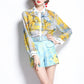 Summer Women's New Heavy Industry Ruffled Lapel Shirt Printed Shorts Set