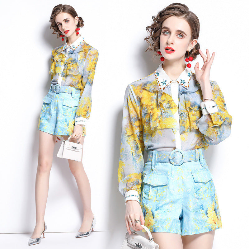 Summer Women's New Heavy Industry Ruffled Lapel Shirt Printed Shorts Set