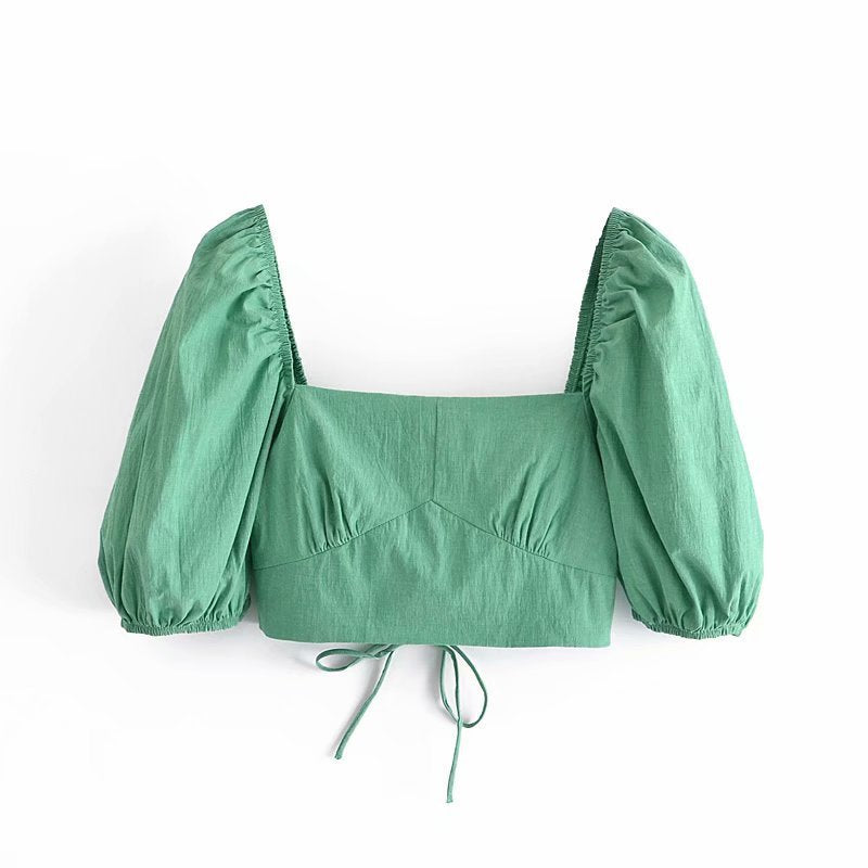 Square Neck Puff Sleeve Halter Strapless Top