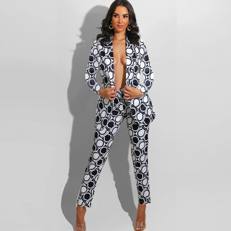 European And American Temperament Women's Printed Trouser Suit Jacket